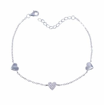 Rhodium plated sterling Silver heart design bracelet with Clear cubic zirconia stones.
