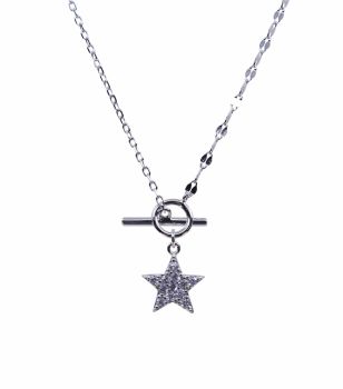 Rhodium plated sterling silver star design necklace with Clear cubic zirconia stones and a T bar fastening.
