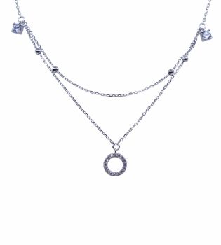 Rhodium plated sterling Silver circle design necklace with Clear cubic zirconia stones.