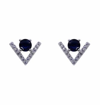 Rhodium plated sterling Silver stud earrings with Clear and Sapphire cubic zirconia stones.
