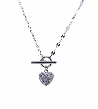 Rhodium plated sterling silver heart design necklace with Clear cubic zirconia stones and a T bar fastening.
