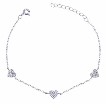 Rhodium plated sterling Silver love heart design bracelet with Clear cubic zirconia stones.
