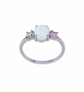 Rhodium plated sterling Silver ring with Light Rose, Light Citrine cubic zirconia stones and a synthetic White opal stone.
