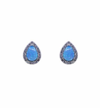 Rhodium plated sterling Silver teardrop stud earrings with Clear cubic zirconia stones and synthetic Blue opal stones.
