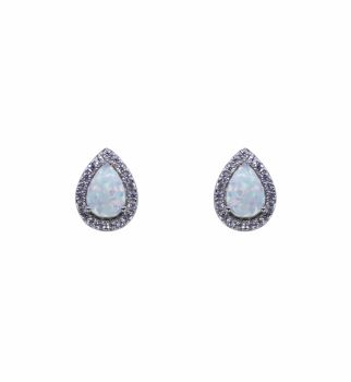Rhodium plated sterling Silver teardrop stud earrings with Clear cubic zirconia stones and synthetic White opal stones.