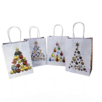 Medium Size  recyclable Christmas paper gift bag in 4 assorted Christmas tree designs with a rafia  handle .

Sold as a pack of 12 assorted .

Size approx 15 x 21 x 8 cm .

Discount available  in quantity .