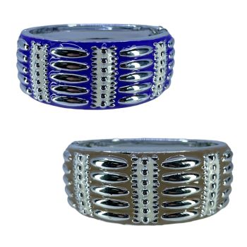 Hinged, Silver colour plated acrylic wide bangle with coloured enamelling.
