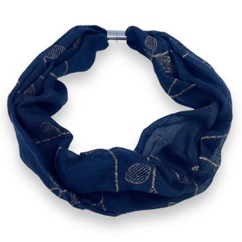 ladies cotton feel loop scarf that fastens with a magnet measures 60 cm in circumference scarf has a leaf design in a lurex thread