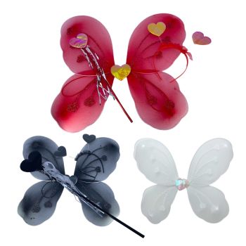 girls butterfly wing set with glitter heart detail and iridescent heart detail in the centre of the wings. set includes wand with heart and streamers and boppers with organza frill and iridescent hearts on springs. Colours available are black ,white ,and 
