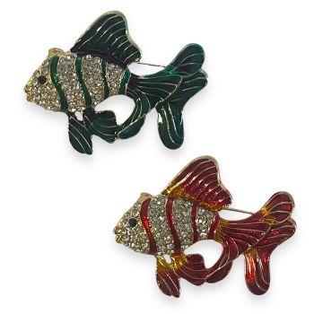 venetti Collection gold colour plated enamel Fish

brooch with genuine crystal stones.

Available in red or Green.

Sold as a pack of 3 per colour or 4 assorted.

Size approx 4.5 x 5 cm