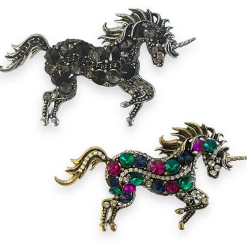 Venetti Collection Diamante Unicorn Brooch.

Available in antique silver coloured plating, with Jet and Black Diamond crystal stones or antique gold colour plating With multi coloured stones consisting of Emerald ,Montana ,Fuchsia ,Crystal and Fire Opal