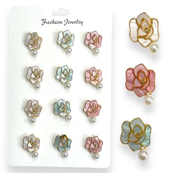 Gold colour plated Mother of pearl effect rose design brooch with dangley imitation pearl in assorted colours of Turquoise ,Baby pink ,and White.

Sold as a pack of 12 assorted on a display card for easy sale 