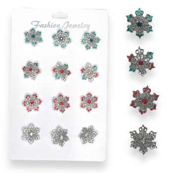 Assorted Christmas snowflake brooches.

Available in 3 colours . Red ,Red /cry /green multi ,Green ,and Clear.

Sold as a pack of 12 assorted on a display card for easy sale .