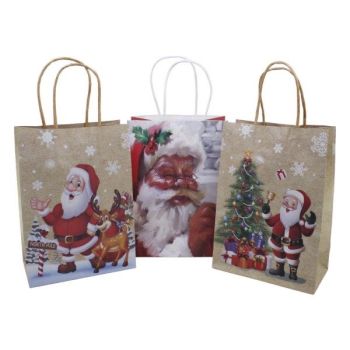 Medium Size  recyclable Christmas paper gift bag in 3 assorted Christmas Santa  designs with a rafia  handle .

Sold as a pack of 12 assorted .

Size approx 15 x 21 x 8 cm .

Discount available  in quantity .
