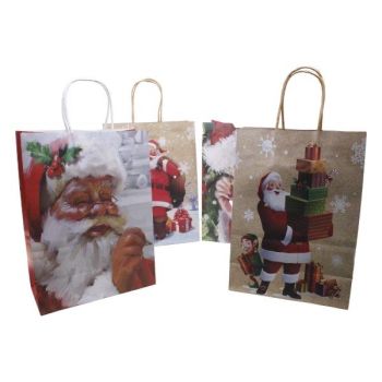 Large  Size  recyclable Christmas paper gift bag in 4 assorted Christmas Santa  designs with a rafia  handle .

Sold as a pack of 12 assorted .

Size approx 18.5 x 25.5x 9 cm .

Discount available  in quantity .