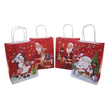 Large  Size  recyclable Christmas paper gift bag in 4 assorted Christmas Santa  designs with a rafia  handle .

Sold as a pack of 12 assorted .

Size approx 15x18 x21cm .

Discount available  in quantity .