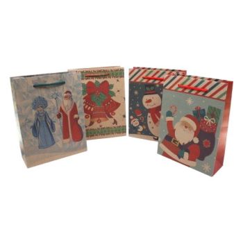 Small   Size  recyclable Christmas paper gift bag in 4 assorted Christmas  designs with a rafia  handle .

Sold as a pack of 12 assorted .

Size approx 11 x14 x 5.6 cm

Discount available  in quantity .