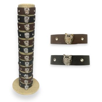 Fantastic ladies diamante Leopard bracelet offer .Twelve  assorted adjustable leatherette bracelets with a decorative diamante front in Gold colour plating or Rhodium colour plating 

With genuine crystal stones .

Available  on either a Black or brow