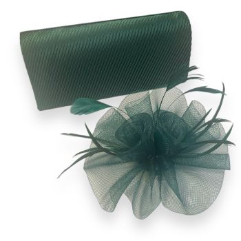 We have done the work for you by preparing this lovley pleated satin evening bag with magnetic fastner and Rhodium plated  chain shoulder strapand teamed it up with a matching bottle green fascinater with pretty rosette and feather detail.

Perfect fot 