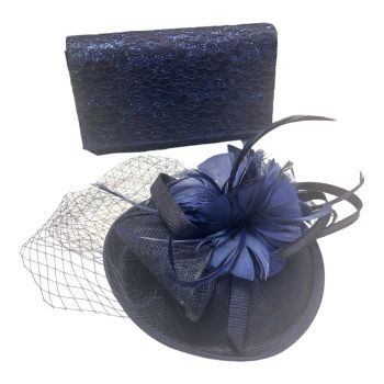 Ladies beautiful Navy lace  evening bag with chain shoulder strap in rhodium colour plating  with matching  coloured Fascinator with  Feather and net detail .

We have done the work for you be teaming up this gorgeous set great fot that special occasion