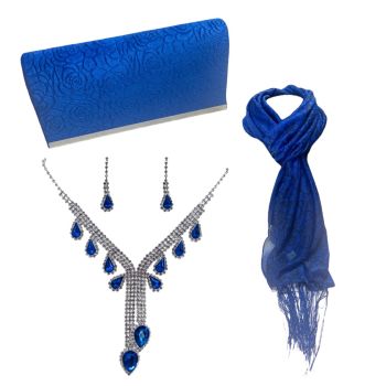 Amazing Value Evening Set great for that special occasion .

Set includes stunning Velvet evening bag with an embossed rose design with magnetc fastner and rhodium chain shoulder strap  .Set includes  rose design scarf and diamante set with genuine crys