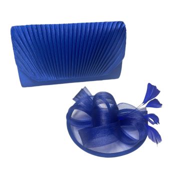 Ladies Royal Blue satin pleated evening bag  with magnetic fastner and rhodim plated chain shoulder strap has been teamed up with this matching fascinator .Perfect for mother of the bride for that special occasion .

For other available colours in these