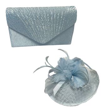 Beautiful quality Ladies fascinator with feather and net trim.

Fascinator can be worn on a metal satin covered headband or on a concord clip.

Fascinator has been teamed up with a beautiful satin pleated evening bag trimmed with ab crystal stone effe