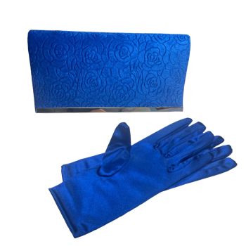 Ladies Royal Blue embossed Velvet Evening bag with rose design and Silver colour plated trim with a magnetic fastner and rhodium colour plated chain handle ,Has been teamed up with matching Royal Blue stretch satin eavning gloves..

Sold as a pack of 1.