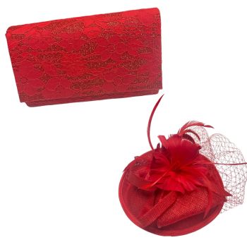Ladies quality Sinamay fascinator with feather trim and netting detail has been teamed up with this gorgeous lace front with lurex evening bag. Bag has a  mgnetic fastner and rhodium plated chain shoulder strap .

Sold as apack of 1 .

Please go to  t