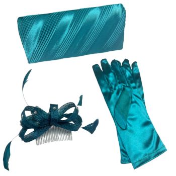 Ladies Teal satin eavening bag with a magnetic fastner and long rhodium plated chain   shoulder strap has been teamed up with a  Teal sinamay hair comb with pretty feather trim and a matching pair of teal satin stretch  gloves perfect for that special occ