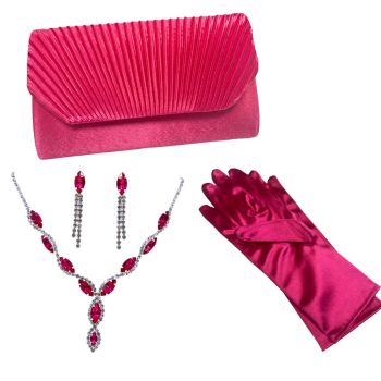 Ladies satin Fuchsia evening bag with Rhodium plated long chain sholder strap and magnetic fastner has been teamed up with this  pretty diamante set with genuine crystal stones .Diamante set is suitable for those with pierced ears.

The set is completed