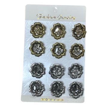 Assorted diamante flower brooches in antique gold and antique silver plating with genuine crystal stones.

Available in Smoked topaz ,Jet/ Black Diamond  and Clear .

Sold as a pack of 12 assorted n a display card for easy sale .