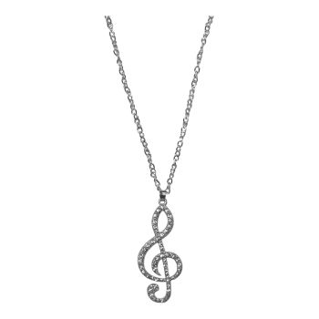 Large size diamantee Music note pendant with  genuine crystal stones on a long chain.

Available in gold colour plating or silver colour plating .

Sold as a pack of 3 per colour or 4 assorted .

Size of chain approx 28 inches .

Pendant size 8 x 