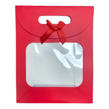 Red paper gift bag with acetate front and velcro fastner with ribbon detail.

This bag is perfect for small scarves or a tie .

Available as a pack of 12 .

Discount available in quantities 

Please see related products for other colours in this i