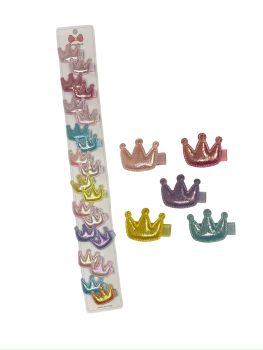 Girls Iridescent Crown  on a ribbon covered concord clip .

Available in yellow ,Baby pink ,Baby blue ,Fuchsia Pink ,  Lilac and White .

Sold as a pack of of 10 pairs assorted.

Comes on a clip strip for easy sale .
