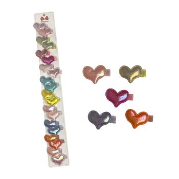 Girls Iridescent heart on a ribbon covered concord clip .

Available in yellow ,Baby pink ,Baby blue ,Fuchsia Pink ,Lemon ,Orange Lilac and White .

Sold as a pack of of 10 pairs assorted.

Comes on a clip strip for easy sale .