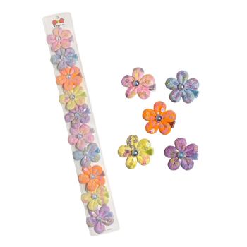 Girls assorted coloured fabric daisies with iridescent sequins and bead ditail  on a ribbon covered concord clip .

Available in Baby Pink ,Orange ,Lilac Baby Blue and Yellow .

Sold as a pack of of 10 assorted.