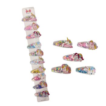 Girls assorted unicorn bendy clips which are filled with sequins .

Available as a pack of 10 assorted.

sold on a clip strip for easy sale .