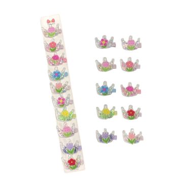 Girls transparent crown  filled with sequins with assorted flower motif on a ribbon covered concord clip.

Available Sold as a pack of 10 assorted on a clip strip for easy sale .in assorted summer colours .