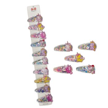Girls transparent sequin filled bendy clips with assorted unicorn motifs .

Sold as a pack of 10 assorted on a clip strip for an easy sale .