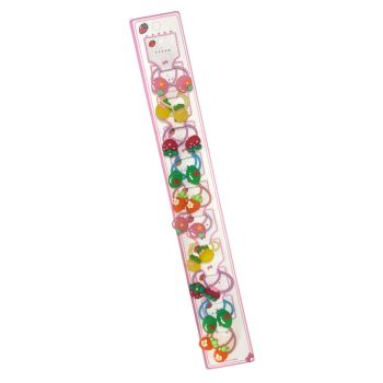 Girls assorted fruit elastics .

Available as a pack of 10 pairs  assorted designs on a clip strip for easy sale .