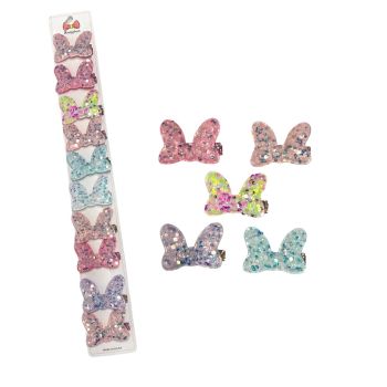 Girls fabric glitter bow on a ribbon covered concord clip.

Available in 5 assorted colours on a clip strip for easy sale .

Sold as a pack of 10