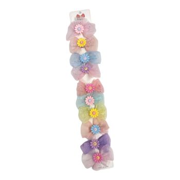 Girls pretty organza bow with Daisy motif in assorted summer colours on a ribbon covered concord clip .

Sold as a pack of  10 assorted on a clip strip for easy sale .