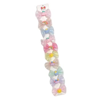 Girls pretty organza bow with assorted summer motifs in assorted summer colours on a ribbon covered concord clip .

Sold as a pack of  10 assorted on a clip strip for easy sale .