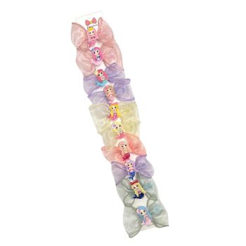 Girls Organza bow with assorted mermaid design motif on a ribbon covered concord clip.

Available as a pack of 10 assorted .