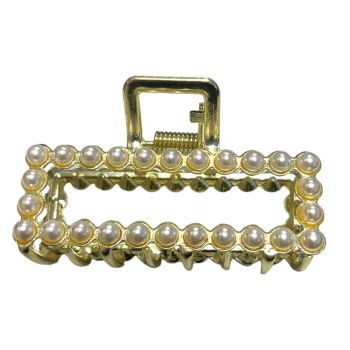 Nice quality  Gold colour plated rectangular  clamp with imitation pearl .

Available as a pack of 3.

Size approx 6.5  cm