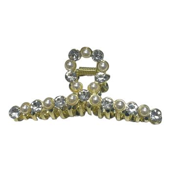 Gold Colour Plated Metal Clamp With Imitation Pearl And Crystal Stones 