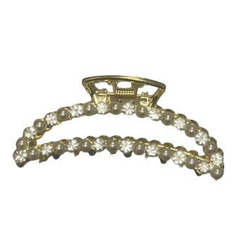 Quality gold colour plated Crescent shaped  metal clamp encrusted with two rows of alternate imitation pearls and genuine crystal stones  .

Sold as a pack of 3 .

Size approx 8 cm