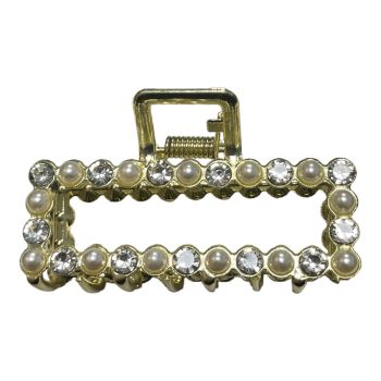 Quality gold colour plated Rectangular  shaped  metal clamp encrusted with two

one row of alternate imitation pearls and genuine crystal stones  .

Sold as a pack of 3 .

Size approx 7 cm
