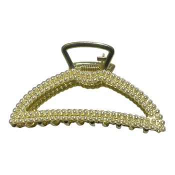 

Quality gold colour plated  metal clamp encrusted with two rows of  imitation pearls in cream   .

Sold as a pack of 3 .

Size approx 9 cm